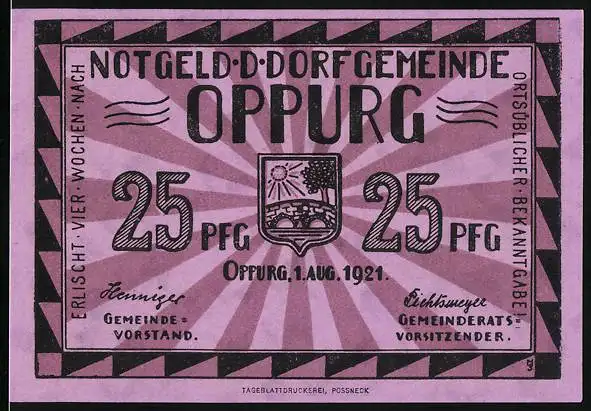 Notgeld Oppurg 1921, 25 Pfennig, Alte Orlabrücke aus dem 16. Jahrhundert, Wappen