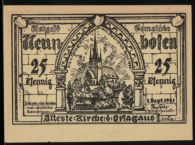 Notgeld Neunhofen 1921, 25 Pfennig, Kirche, Männer beim Hammelschiessen