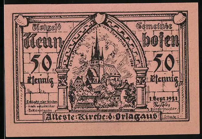 Notgeld Neunhofen 1921, 50 Pfennig, Kirche, Paare beim Tanz, Hammelschiessen