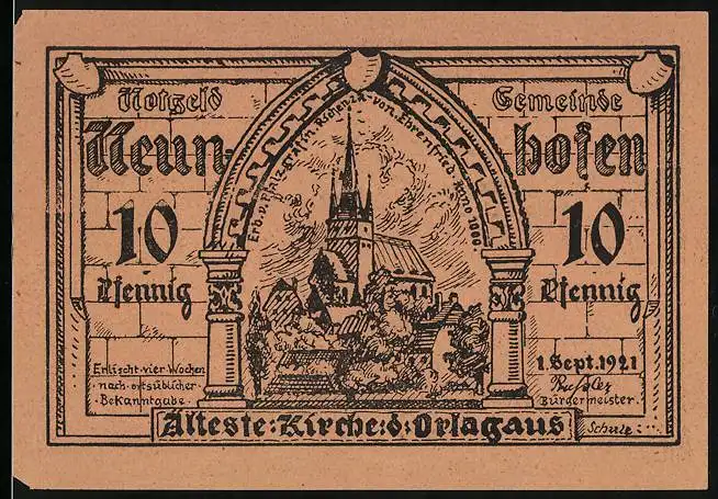 Notgeld Neunhofen 1921, 10 Pfennig, Kirche, Festumzug Hammelschiessen