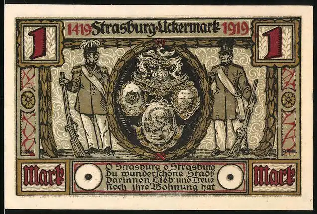 Notgeld Strasburg / Uckermark, 1 Mark, Volksschule und ev. Kirche, Männer mit Gewehr und Wappen, Gutschein