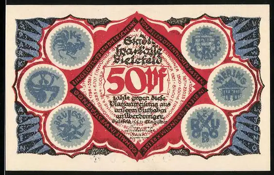 Notgeld Bielefeld 1921, 50 Pfennig, Töchterschule, Gastanstalt, Burg auf dem Sparenberg, Mann mit Bierkrug und Löffel