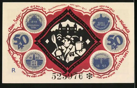 Notgeld Bielefeld 1921, 50 Pfennig, Töchterschule, Gastanstalt, Burg auf dem Sparenberg, Mann mit Bierkrug und Löffel