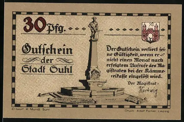 Notgeld Suhl, 30 Pfennig, Soldat mit Hakenbüchse, Marktplatzbrunnen, Wappen, Gutschein