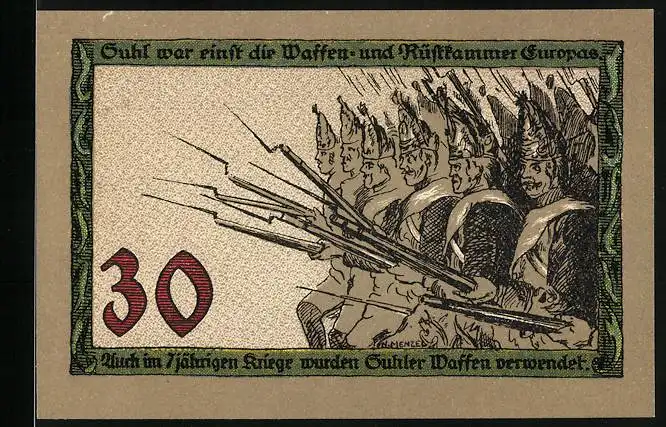 Notgeld Suhl, 30 Pfennig, Soldaten im 7jährigen Krieg mit Suhler Waffen, Marktplatzbrunnen, Gutschein
