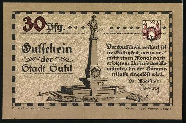 Notgeld Suhl, 30 Pfennig, Soldaten im 7jährigen Krieg mit Suhler Waffen, Marktplatzbrunnen, Gutschein