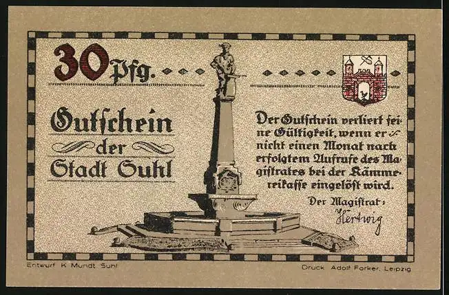 Notgeld Suhl, 30 Pfennig, Soldaten mit Suhler Gewehren und Maschinengewehren, Marktplatzbrunnen, Gutschein