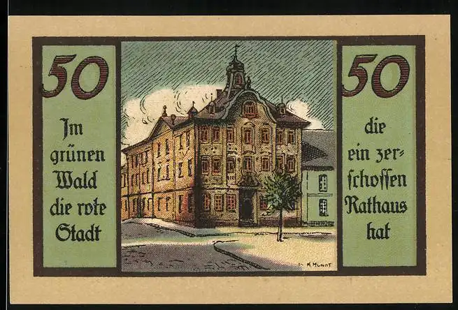 Notgeld Suhl, 50 Pfennig, Rathaus und Wappen, Gutschein