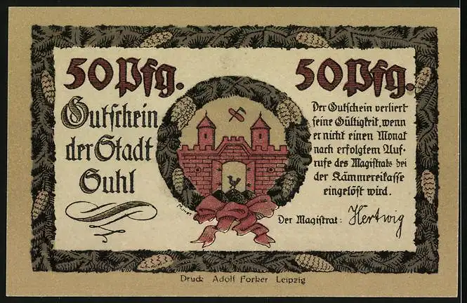 Notgeld Suhl, 50 Pfennig, Rathaus und Wappen, Gutschein