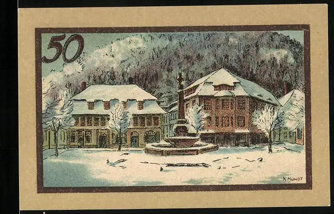 Notgeld Suhl, 50 Pfennig, Marktplatzbrunnen im Winter, Wappen, Gutschein