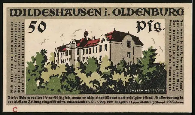 Notgeld Wildeshausen i. Oldenburg 1921, 50 Pfennig, Tambourmajor und Trommler, Elisabeth Heilstätte