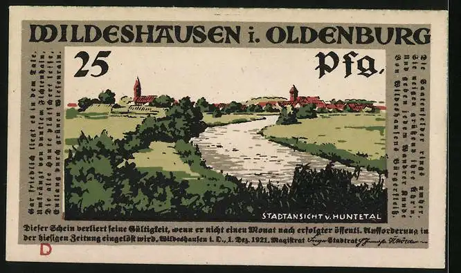 Notgeld Wildeshausen i. Oldenburg 1921, 25 Pfennig, General bei der Parade, Stadtansicht v. Huntetal