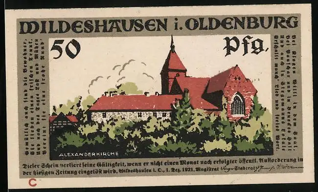 Notgeld Wildeshausen i. Oldenburg 1921, 50 Pfennig, Alexanderkirche, Gefangene werden in Ketten abgeführt