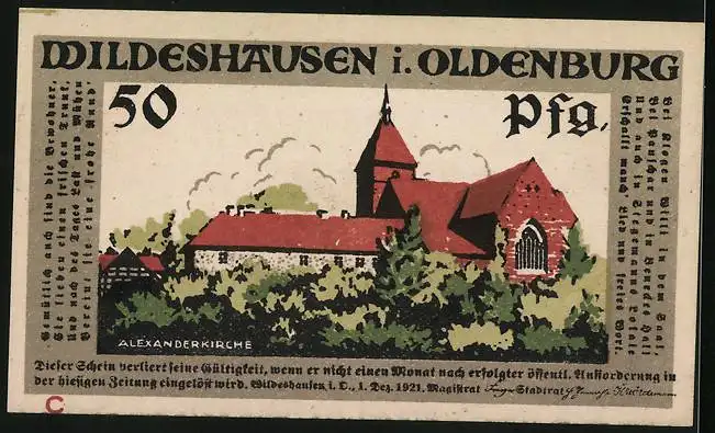 Notgeld Wildeshausen i. Oldenburg 1921, 50 Pfennig, Alexanderkirche, Gefangene werden in Ketten abgeführt