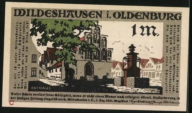 Notgeld Wildeshausen i. Oldenburg 1921, 1 Mark, Rathaus, Angeklagte Frau steht vor dem Richter