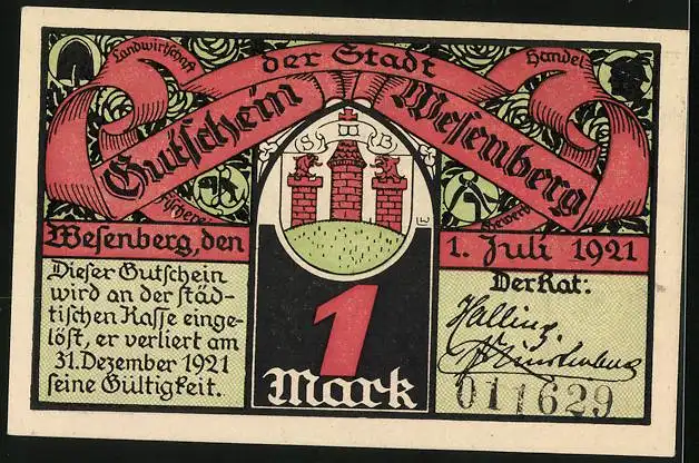 Notgeld Wesenberg 1921, 1 Mark, Wesenberger Schützengilde und Wappen, Gutschein