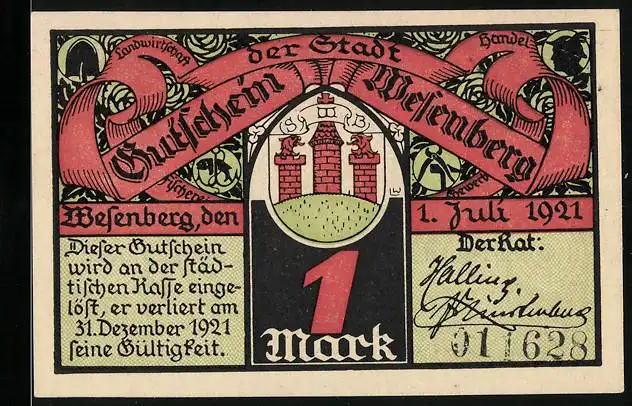 Notgeld Wesenberg 1921, 1 Mark, Wesenberger Schützengilde und Wappen, Gutschein