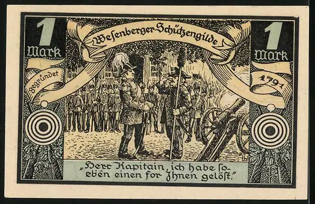 Notgeld Wesenberg 1921, 1 Mark, Wesenberger Schützengilde und Wappen, Gutschein