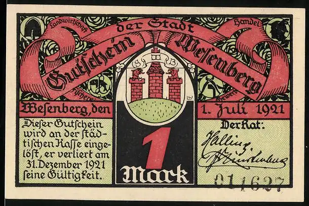 Notgeld Wesenberg 1921, 1 Mark, Wesenberger Schützengilde und Wappen, Gutschein
