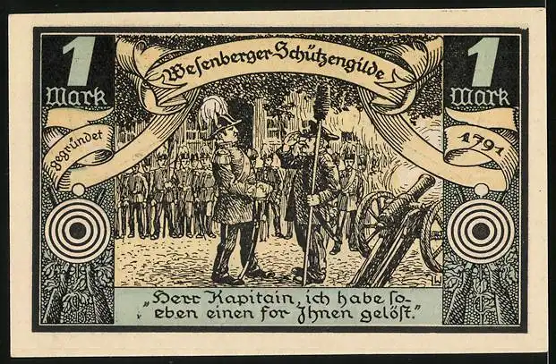 Notgeld Wesenberg 1921, 1 Mark, Wesenberger Schützengilde und Wappen, Gutschein