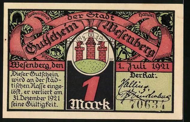 Notgeld Wesenberg 1921, 1 Mark, Wesenberger Schützengilde und Wappen, Gutschein