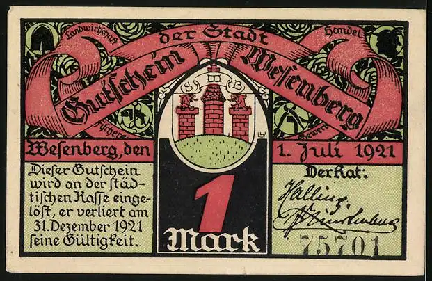 Notgeld Wesenberg 1921, 1 Mark, Wesenberger Schützengilde und Wappen, Gutschein