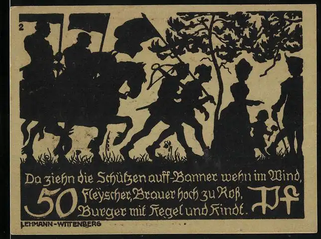 Notgeld Bad Schmiedeberg 1921, 50 Pfennig, Festumzug der Schützen und Wappen, Gutschein