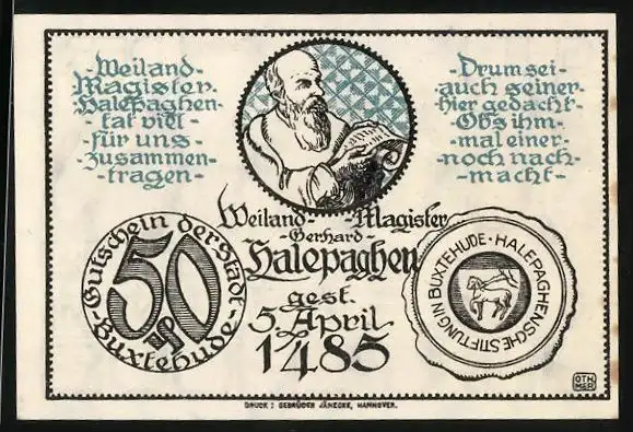 Notgeld Buxtehude 1921, 50 Pfennig, Rathaus, Bildnis Magister Gerhard Halepaghen, Gutschein