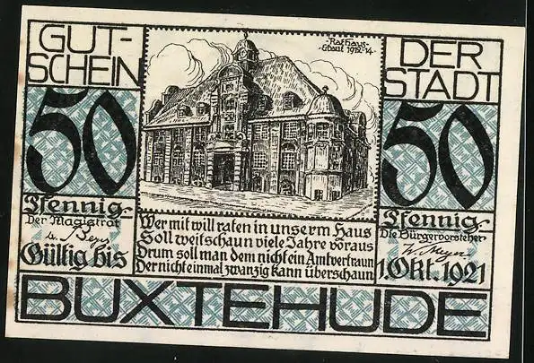 Notgeld Buxtehude 1921, 50 Pfennig, Rathaus, Bildnis Magister Gerhard Halepaghen, Gutschein