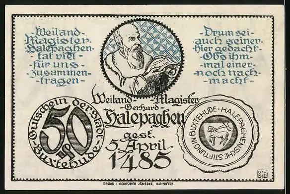 Notgeld Buxtehude 1921, 50 Pfennig, Rathaus, Bildnis Magister Gerhard Halepaghen, Gutschein