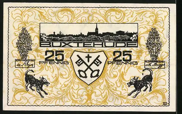 Notgeld Buxtehude 1920, 25 Pfennig, Stadtpanorama, Hase und Igel, Gutschein