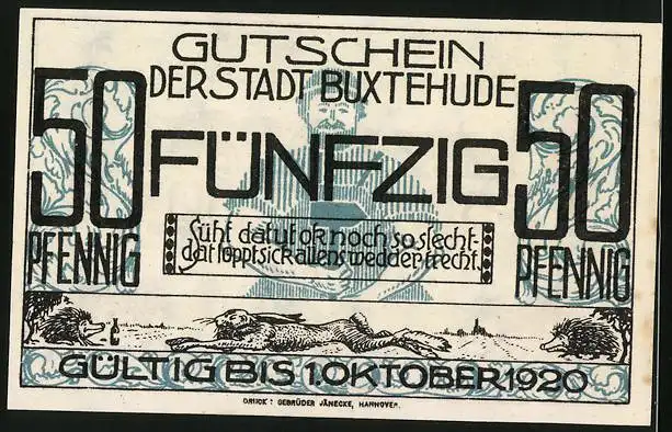 Notgeld Buxtehude 1920, 50 Pfennig, Stadtpanorama, Hase und Igel, Gutschein