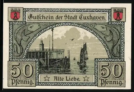 Notgeld Cuxhaven 1919, 50 Pfennig, Alte Liebe, Schloss Ritzebüttel, Gutschein