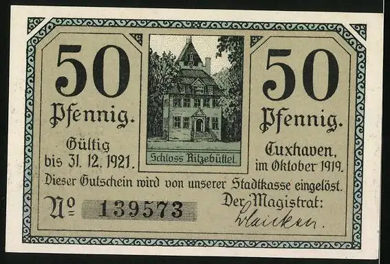 Notgeld Cuxhaven 1919, 50 Pfennig, Alte Liebe, Schloss Ritzebüttel, Gutschein