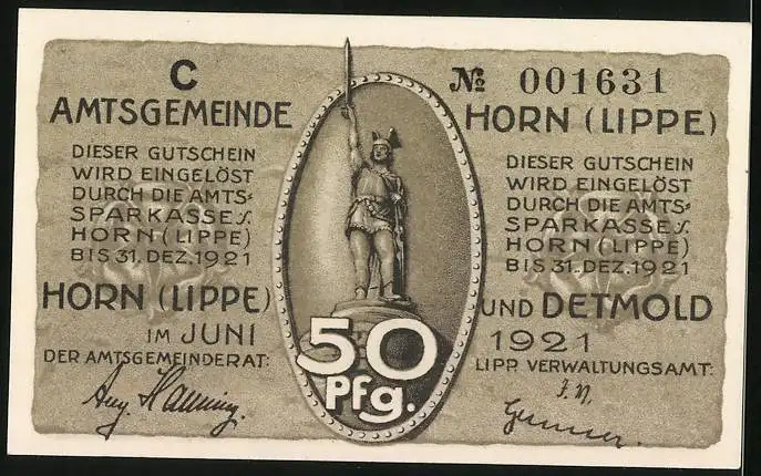 Notgeld Horn (Lippe) 1921, 50 Pfennig, Hermannsdenkmal, Reiter mit Schwert grüsst von seinem Pferd, Gutschein