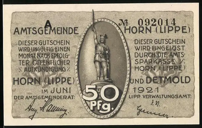 Notgeld Horn (Lippe) 1921, 50 Pfennig, Hermannsdenkmal, Germanen kämpfen gegen die Römer, Gutschein