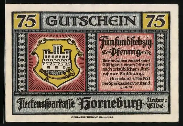 Notgeld Horneburg / Elbe 1921, 75 Pfennig, Langestrasse, Wappen, Gutschein