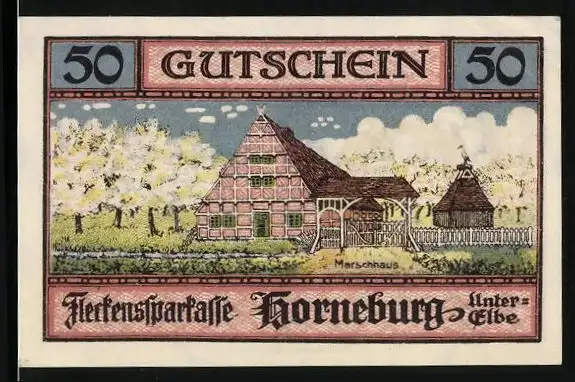 Notgeld Horneburg / Elbe 1921, 50 Pfennig, Marschhaus und Wappen, Gutschein