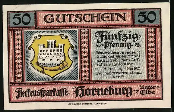 Notgeld Horneburg / Elbe 1921, 50 Pfennig, Marschhaus und Wappen, Gutschein