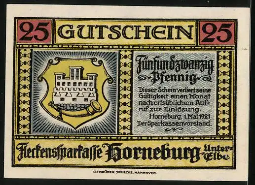 Notgeld Horneburg / Elbe 1921, 25 Pfennig, Geesthaus und Wappen, Gutschein