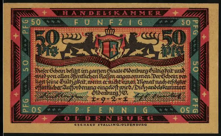 Notgeld Oldenburg 1921, 50 Pfennig, Seenotrettung im Sturm, Wappen