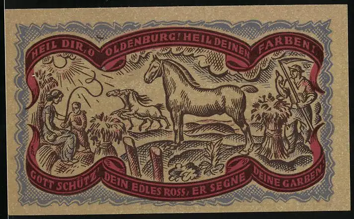 Notgeld Oldenburg 1921, 50 Pfennig, Bauern mit Pferden auf der Weide, Wappen