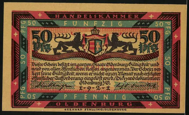 Notgeld Oldenburg 1921, 50 Pfennig, Bauern mit Pferden auf der Weide, Wappen