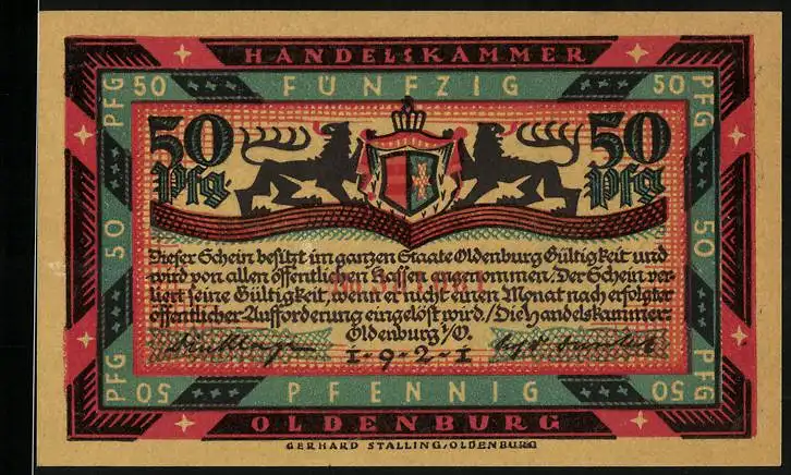 Notgeld Oldenburg 1921, 50 Pfennig, Familie sitzt zusammen am Feuer, Wappen