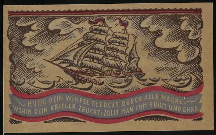 Notgeld Oldenburg 1921, 50 Pfennig, Segelschiff auf hoher See, Wappen