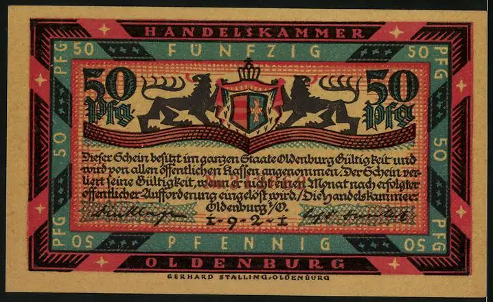 Notgeld Oldenburg 1921, 50 Pfennig, Segelschiff auf hoher See, Wappen
