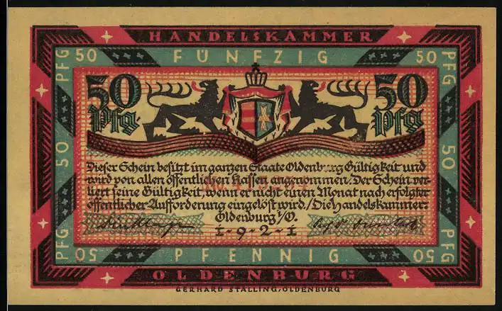 Notgeld Oldenburg 1921, 50 Pfennig, Graf Anton Günther auf seinem Pferd, Wappen