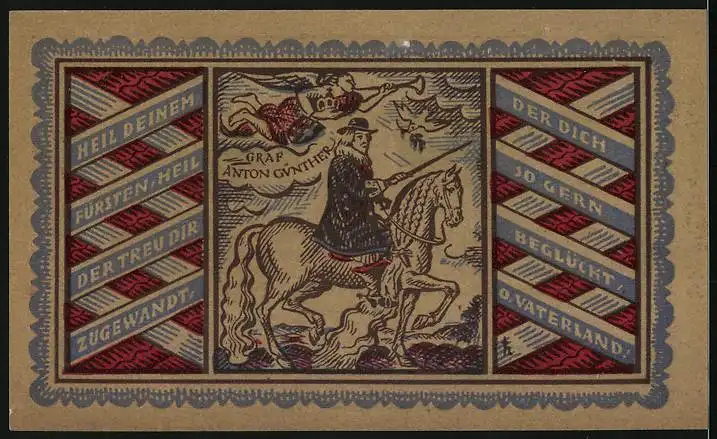 Notgeld Oldenburg 1921, 50 Pfennig, Graf Anton Günther auf seinem Pferd, Wappen