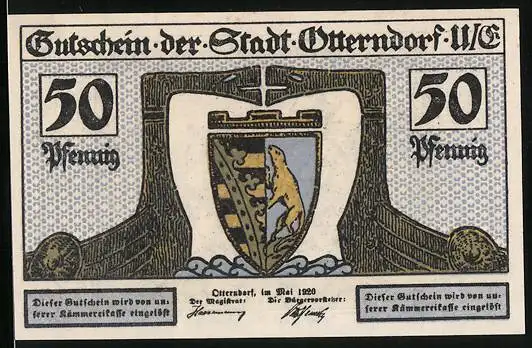 Notgeld Otterndorf a. E. 1920, 50 Pfennig, Innenhafen und Wappen, Gutschein