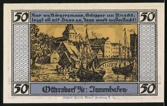 Notgeld Otterndorf a. E. 1920, 50 Pfennig, Innenhafen und Wappen, Gutschein